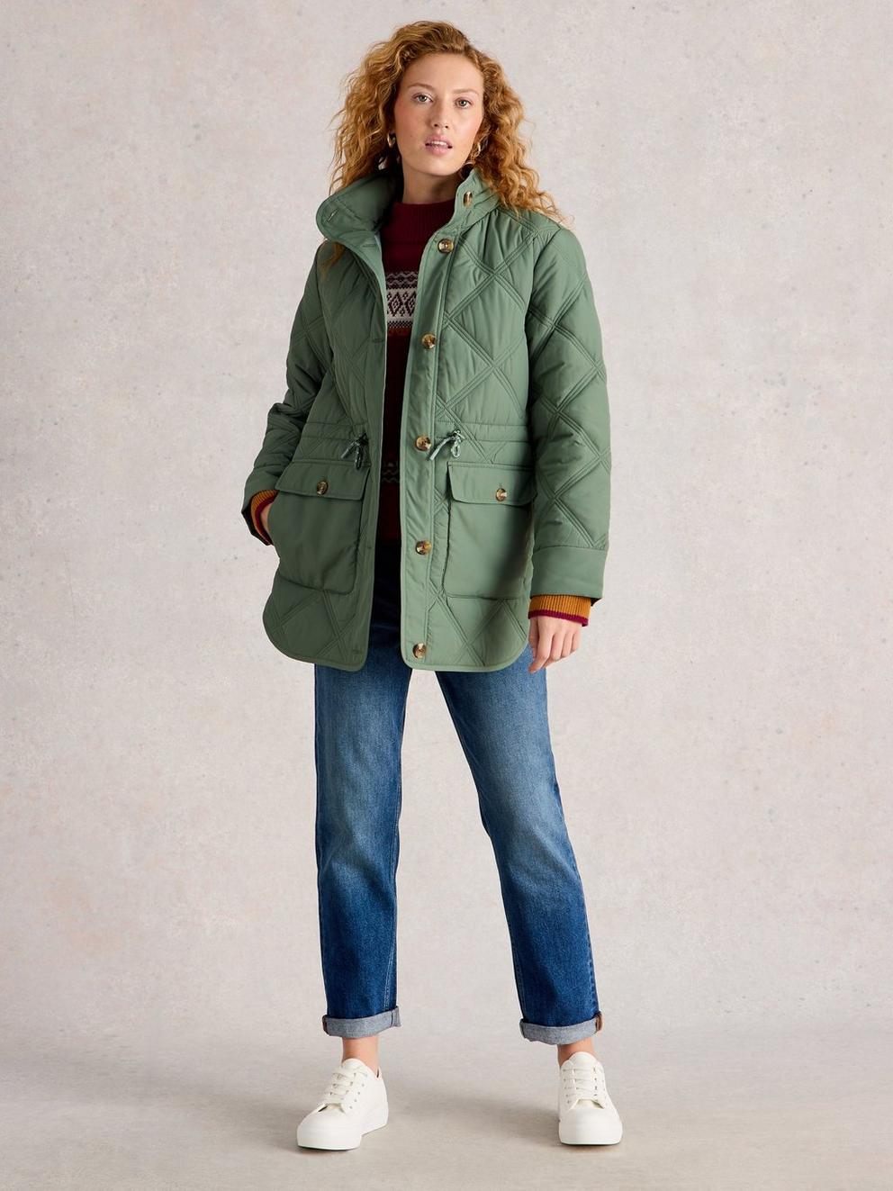 Edie Quilted Coat in DUS GREEN - MODEL FRONT