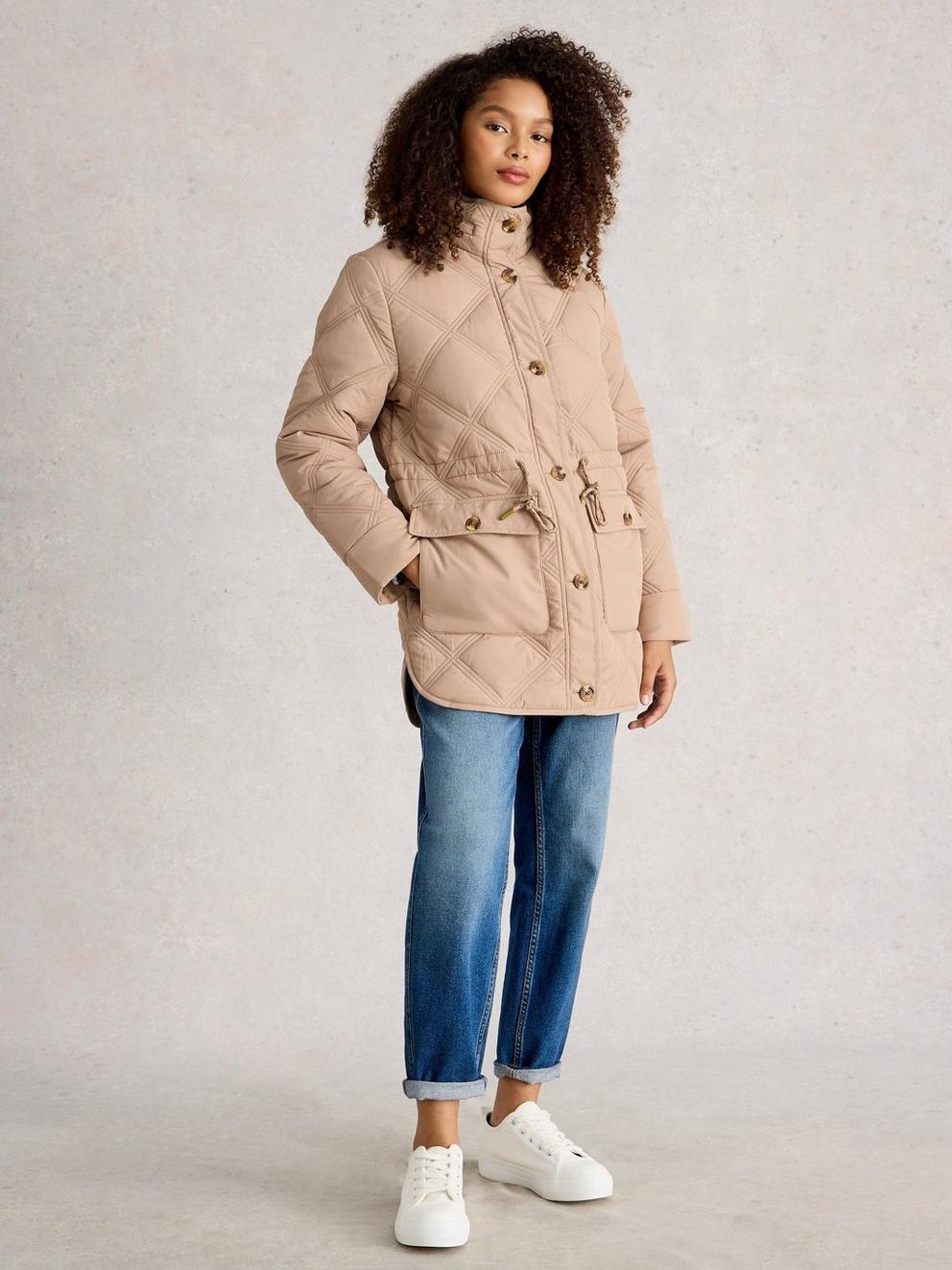 Edie Quilted Coat in LGT NAT - MODEL FRONT