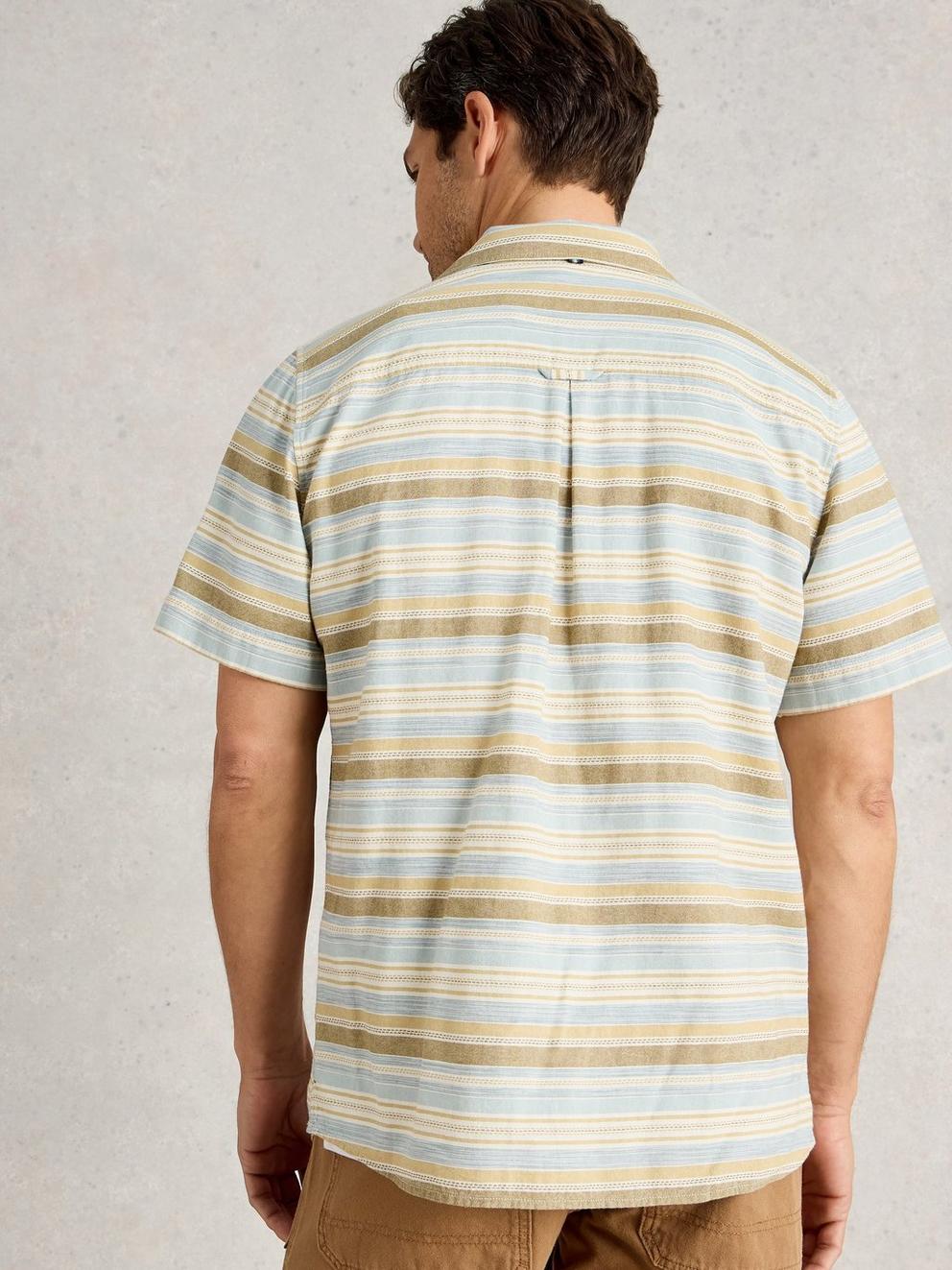 Horizontal SS Stripe Collar Shirt in BLUE MLT - MODEL BACK