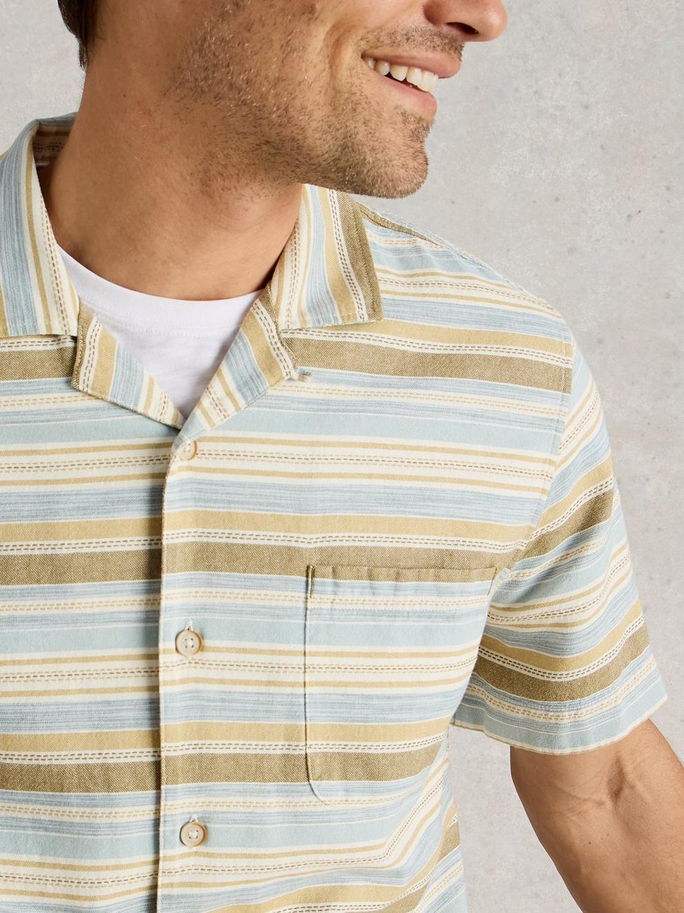 Horizontal SS Stripe Collar Shirt in BLUE MLT - MODEL DETAIL