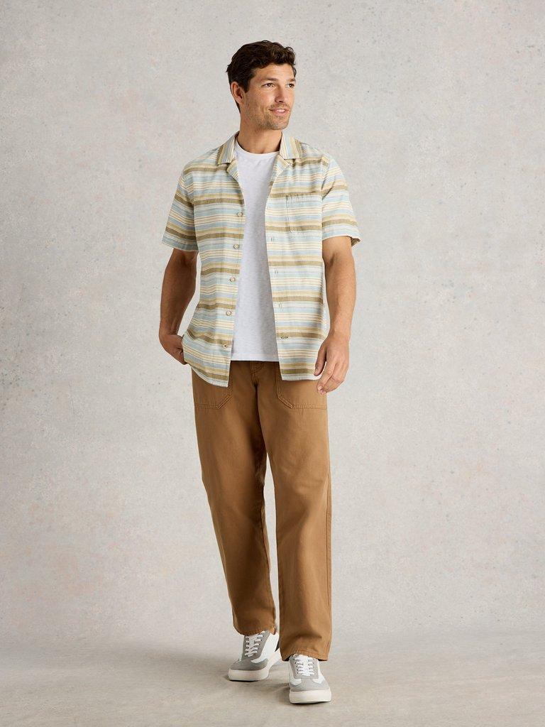 Horizontal SS Stripe Collar Shirt in BLUE MLT - MODEL FRONT