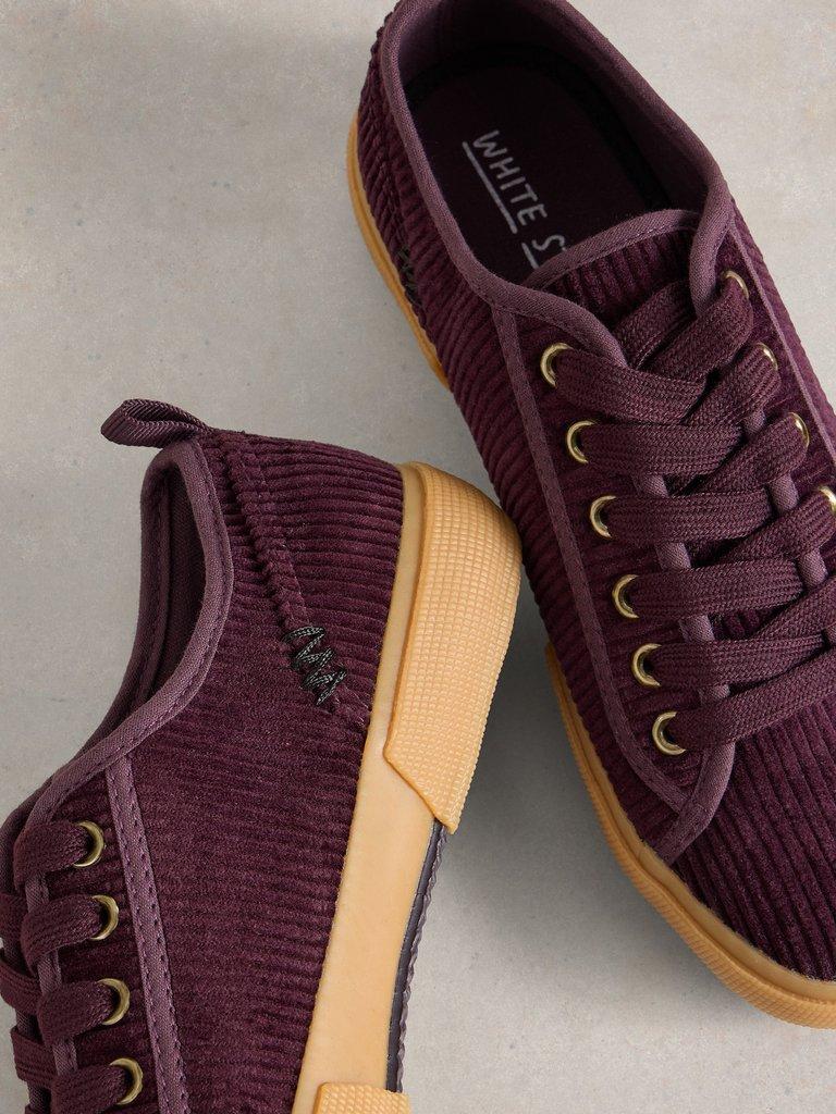 Pippa Cord Lace Up Trainer in DK PLUM - FLAT DETAIL