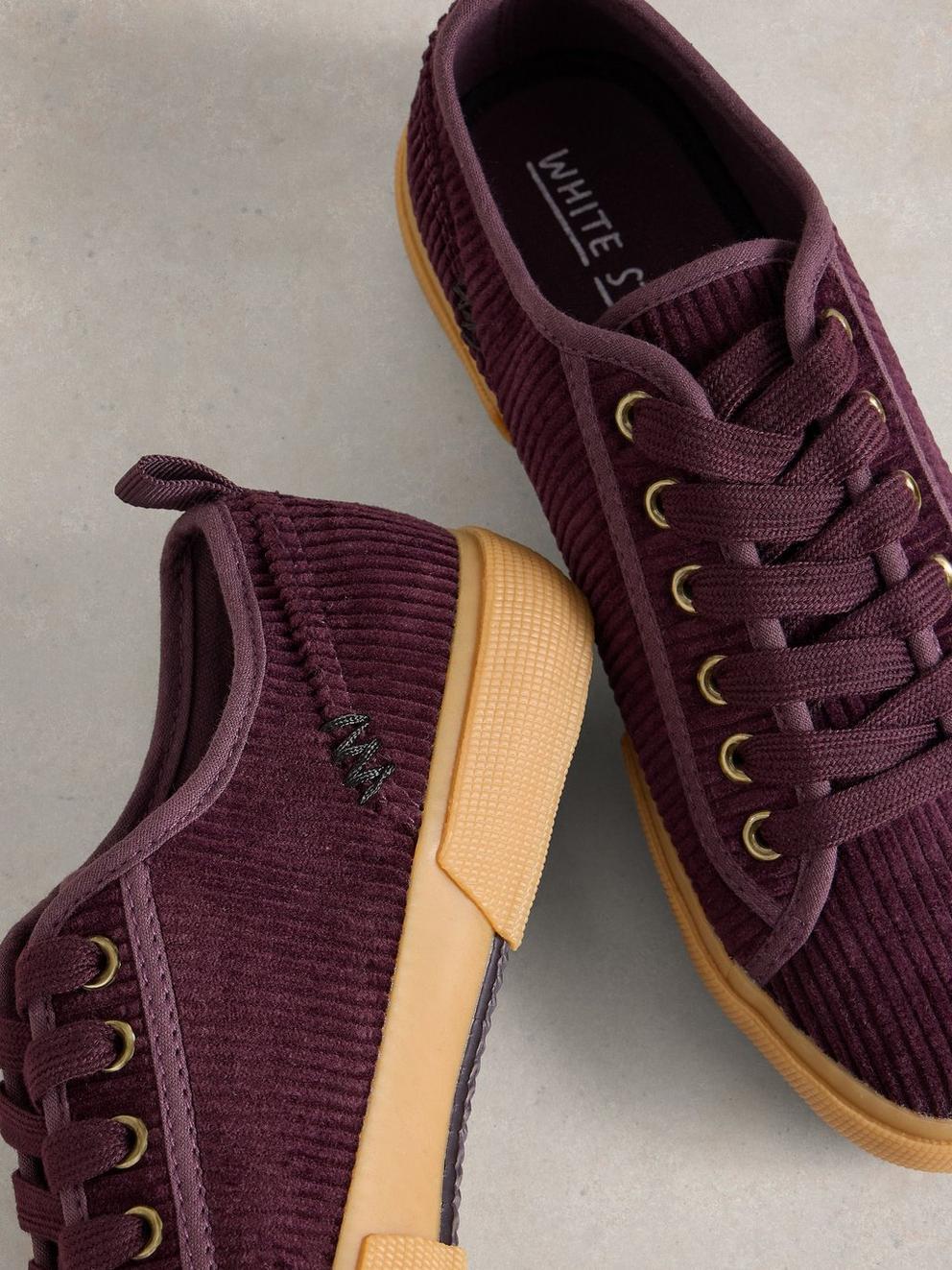 Pippa Cord Lace Up Trainer in DK PLUM - FLAT DETAIL
