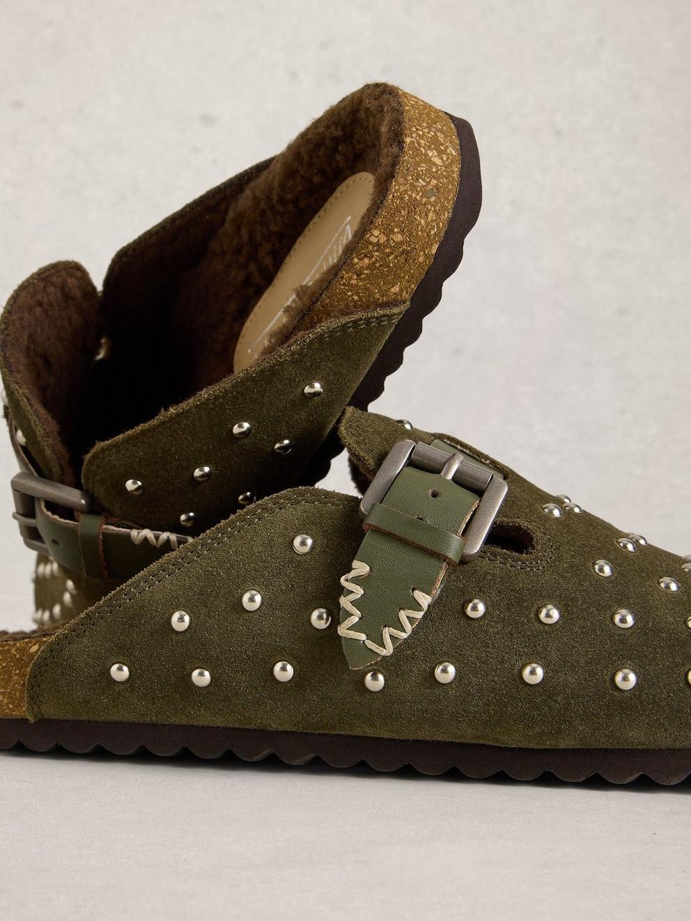 Myrtle Studded Slip On Footbed in KHAKI GRN - FLAT DETAIL