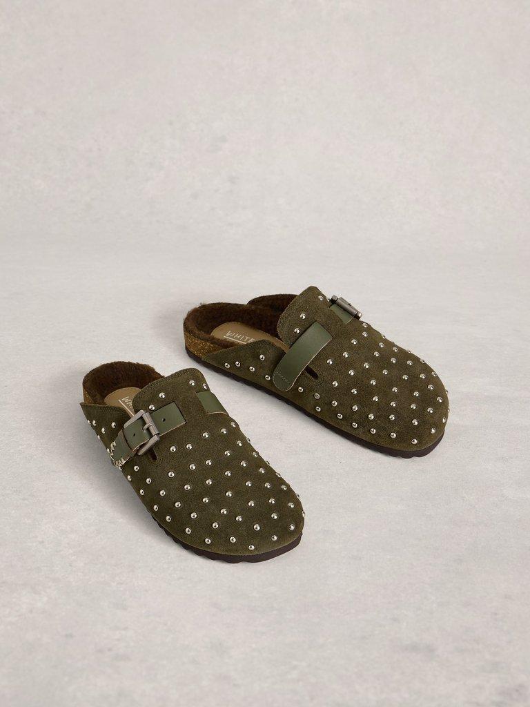 Myrtle Studded Slip On Footbed in KHAKI GRN - FLAT FRONT