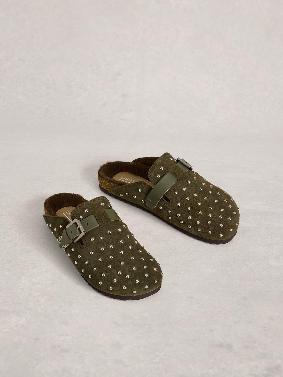 Myrtle Studded Slip On Footbed in KHAKI GRN - FLAT FRONT