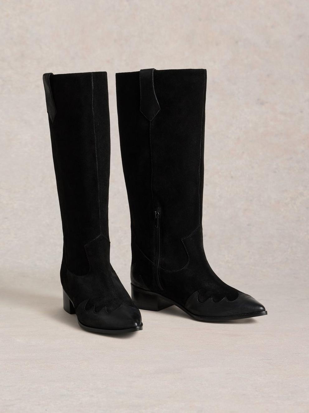 Whitney Western Knee High Boot in PURE BLK - FLAT FRONT