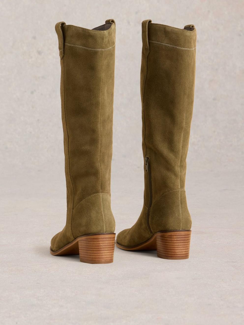 Izzy Suede Knee High Boots in KHAKI GRN - FLAT BACK