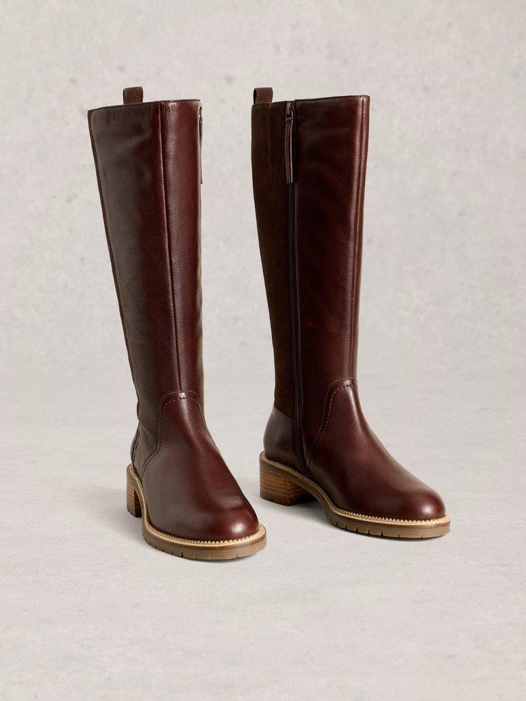 Serena Leather Knee High Boots in DK BROWN - FLAT FRONT