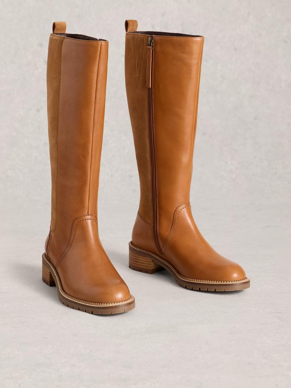Serena Leather Knee High Boots in MID TAN - FLAT FRONT