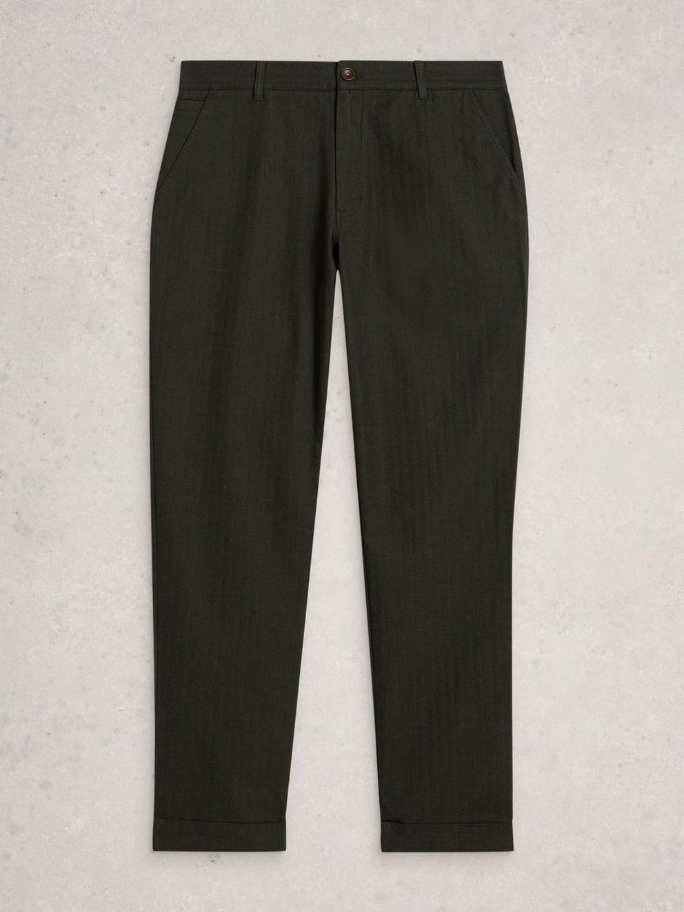 Mens Herringbone Trouser in KHAKI GRN - FLAT FRONT