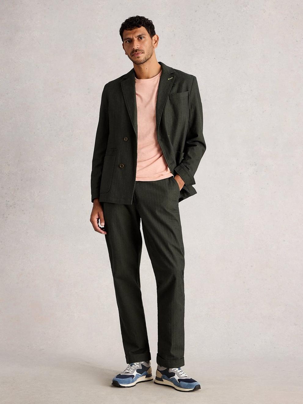 Mens Herringbone Trouser in KHAKI GRN - MODEL FRONT