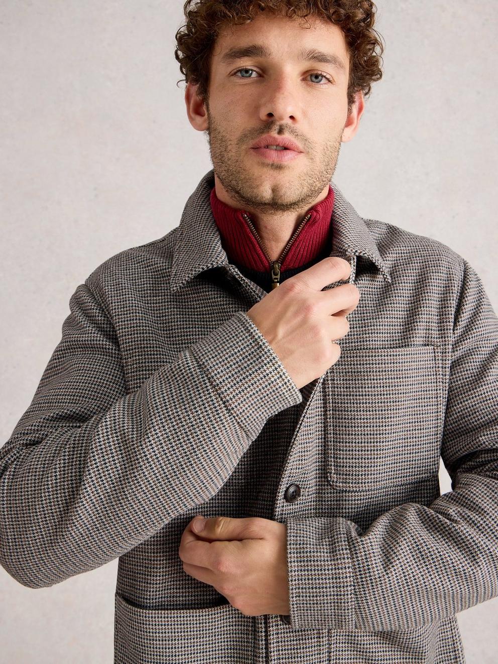 Houndstooth Worker Jacket in GREY MLT - MODEL DETAIL
