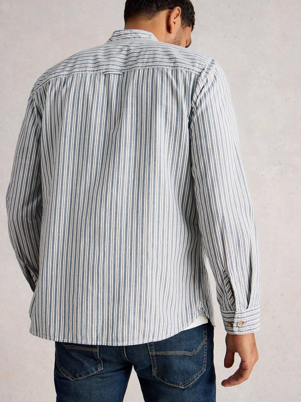Alnwick Grandad Stripe Shirt in BLUE MLT - MODEL BACK