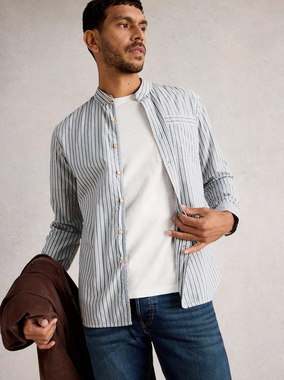 Alnwick Grandad Stripe Shirt in BLUE MLT - MODEL DETAIL