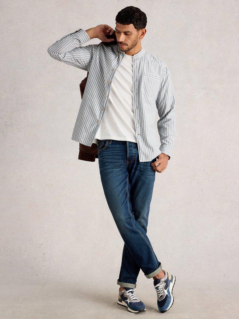 Alnwick Grandad Stripe Shirt in BLUE MLT - MODEL FRONT