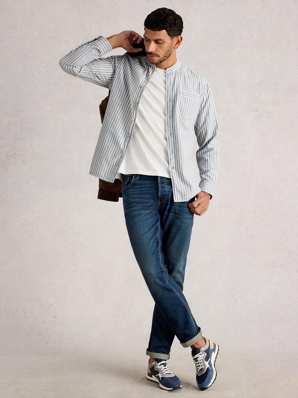 Alnwick Grandad Stripe Shirt in BLUE MLT - MODEL FRONT