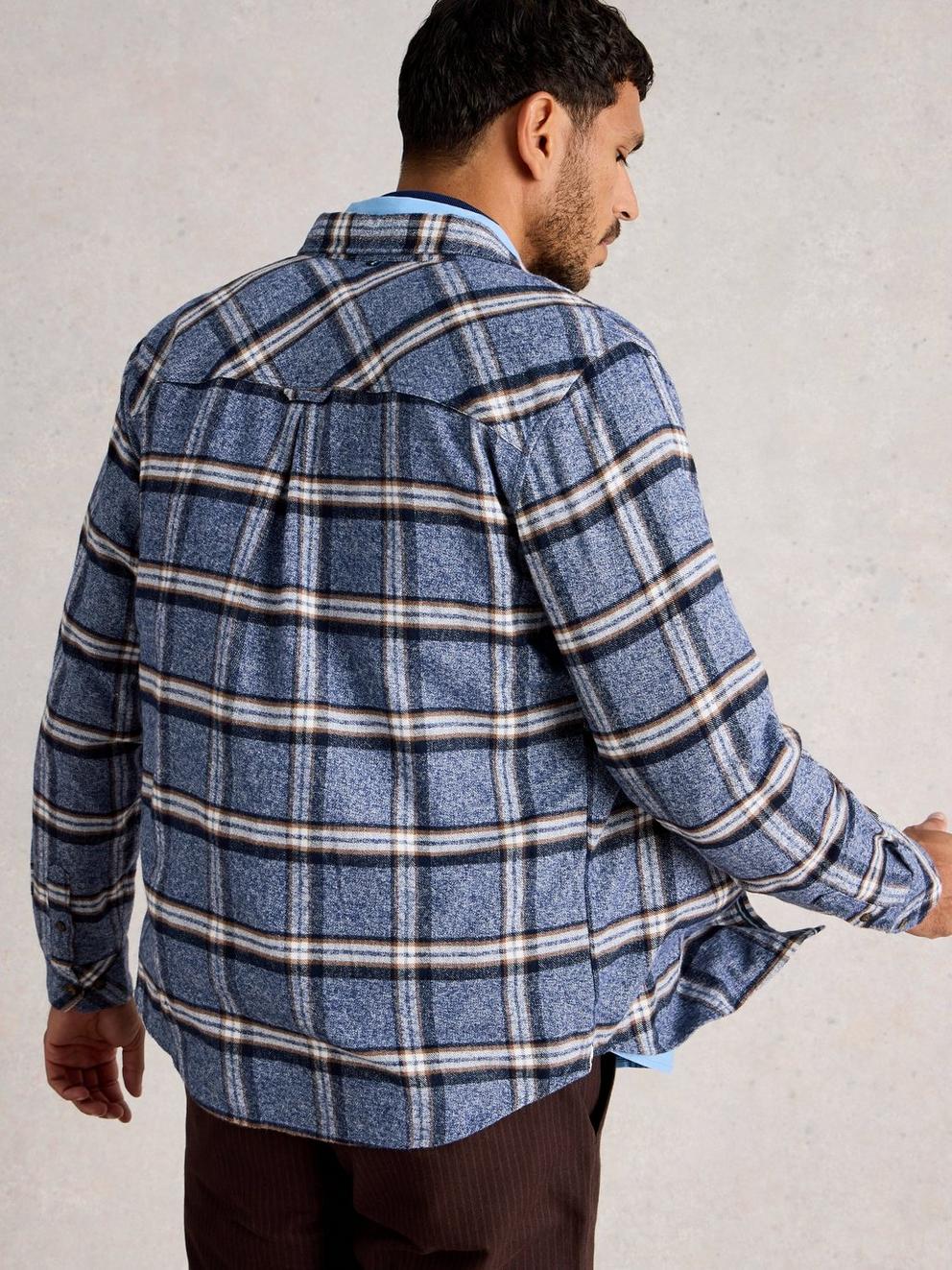 Barton Marl Check Shirt in BLUE MLT - MODEL BACK