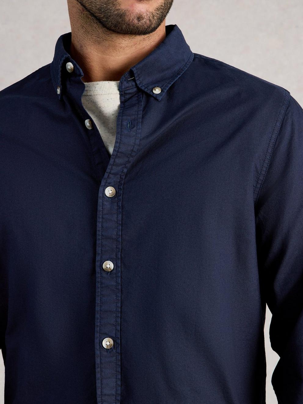 Bruton Oxford Long Sleeve Shirt in DARK NAVY - MODEL DETAIL