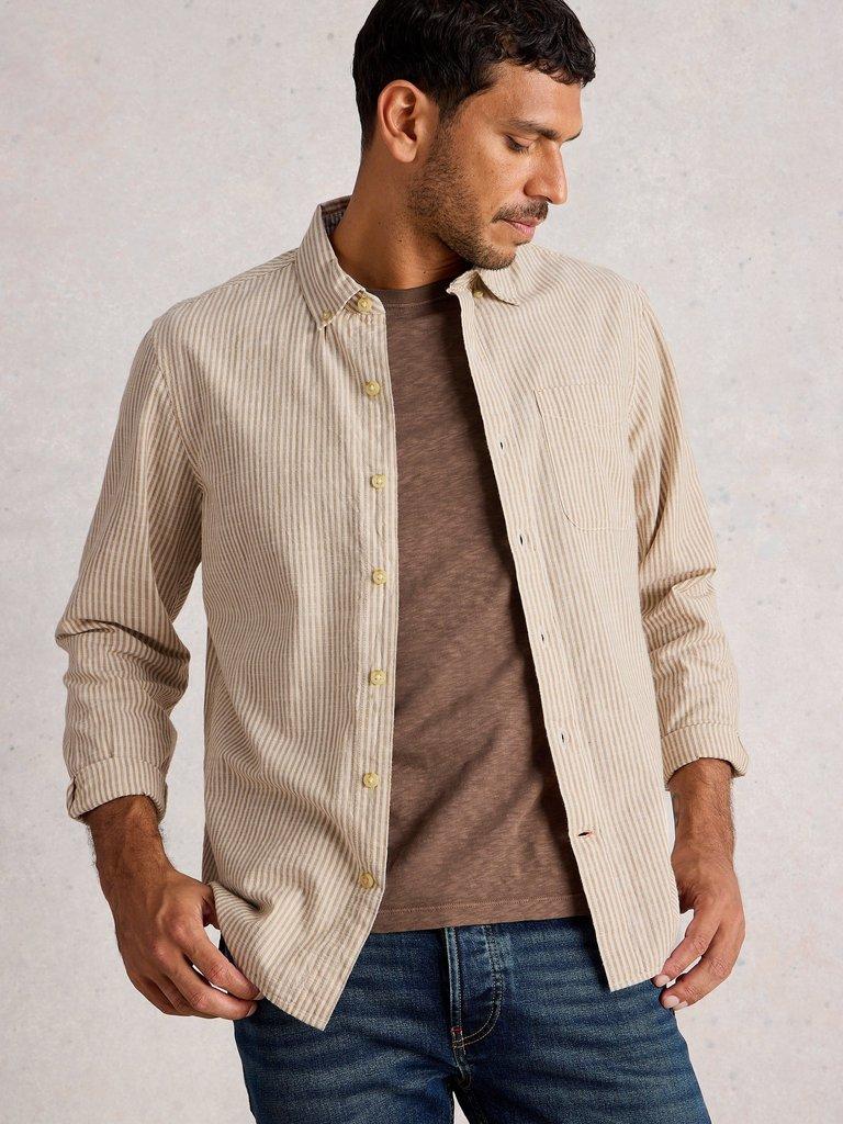 Bruton Stripe Shirt in LGT NAT - MODEL DETAIL