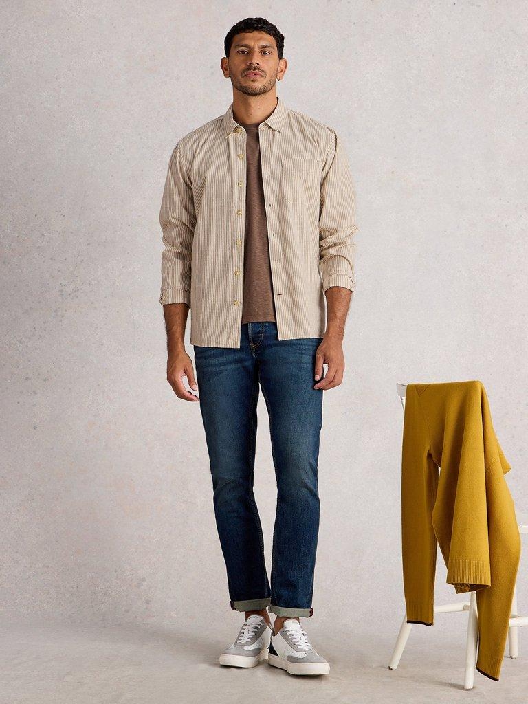 Bruton Stripe Shirt in LGT NAT - MODEL FRONT