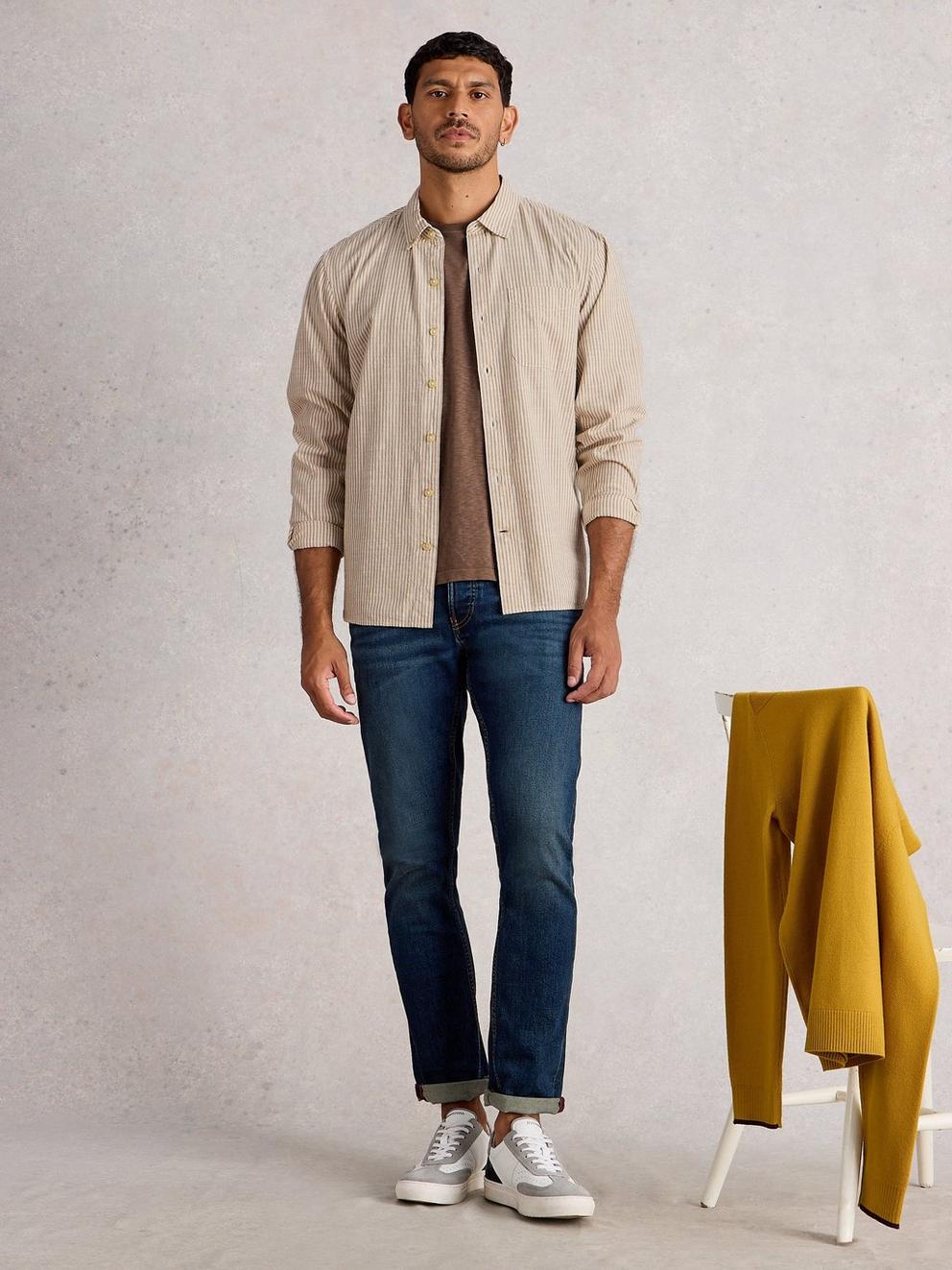 Bruton Stripe Shirt in LGT NAT - MODEL FRONT