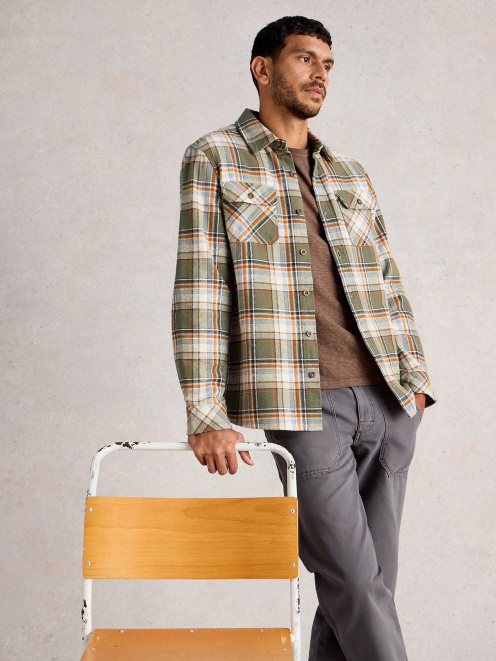 Darwen Check Shirt in GREEN MLT - MODEL DETAIL