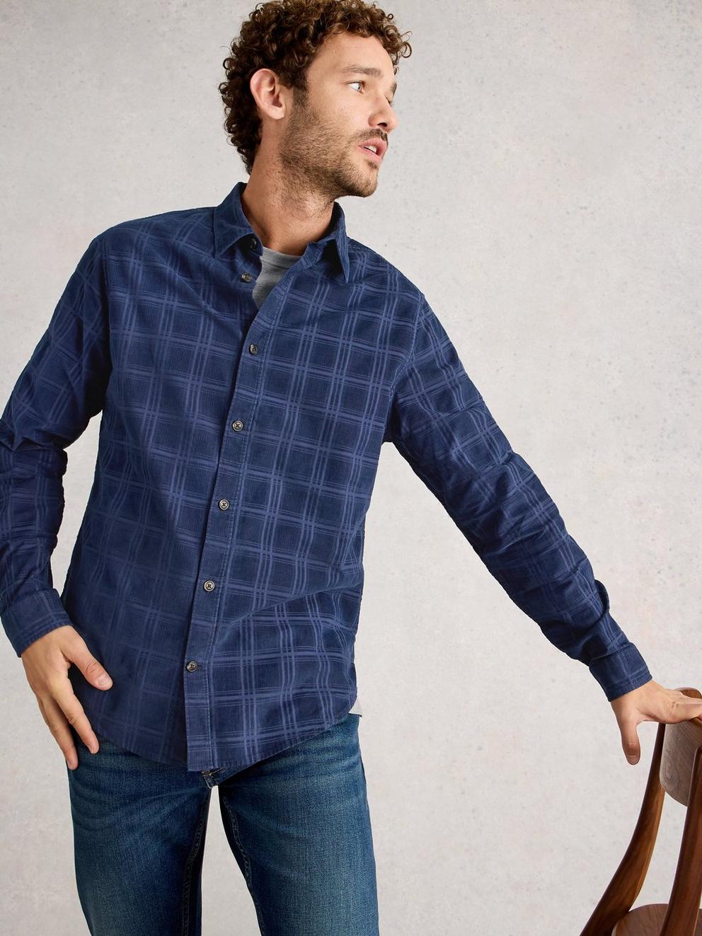 Griffin Cord Check Shirt in DARK NAVY - MODEL DETAIL
