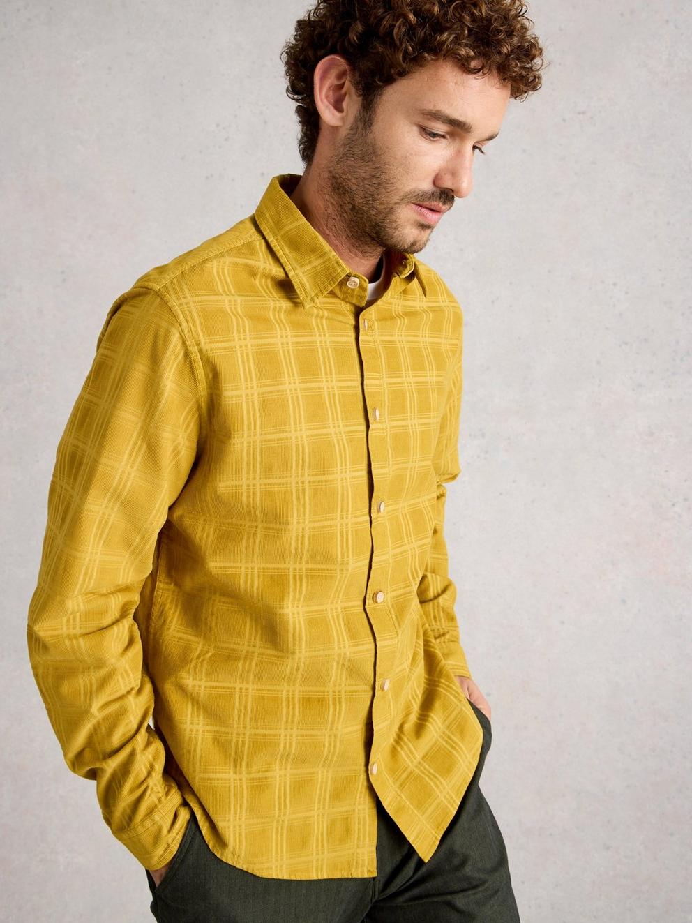 Griffin Cord Check Shirt in DP YELLOW - MODEL DETAIL
