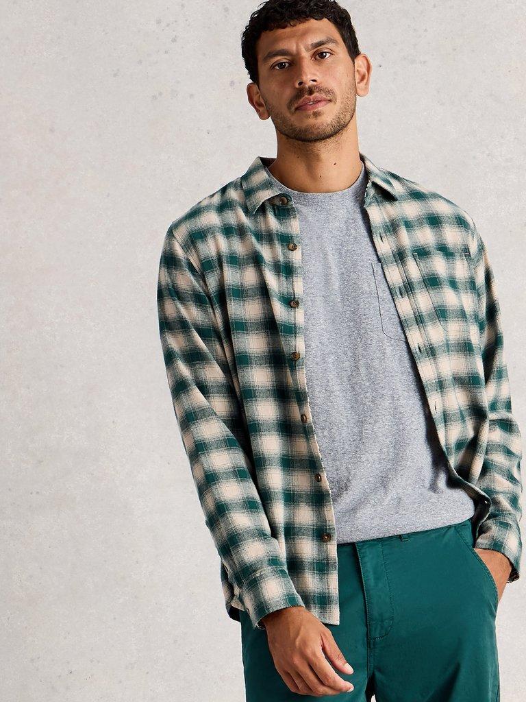 Ludlow Two Tone Check Shirt in DK GREEN - MODEL DETAIL