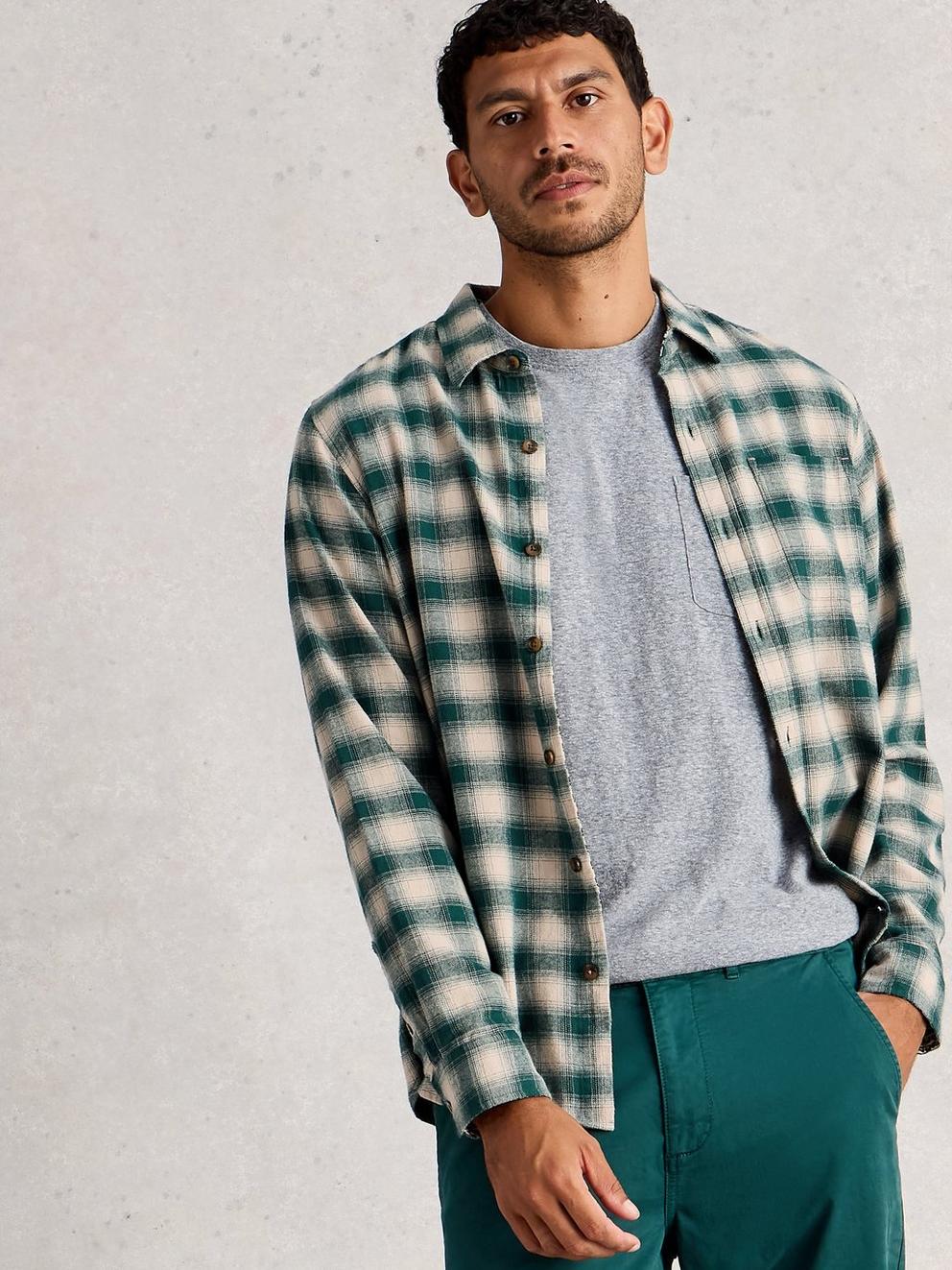 Ludlow Two Tone Check Shirt in DK GREEN - MODEL DETAIL
