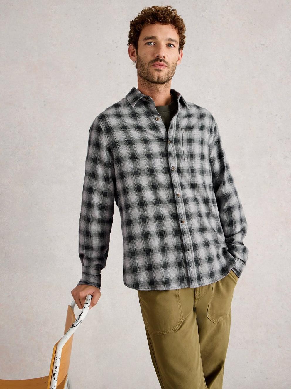 Ludlow Two Tone Check Shirt in DK GREY - MODEL DETAIL
