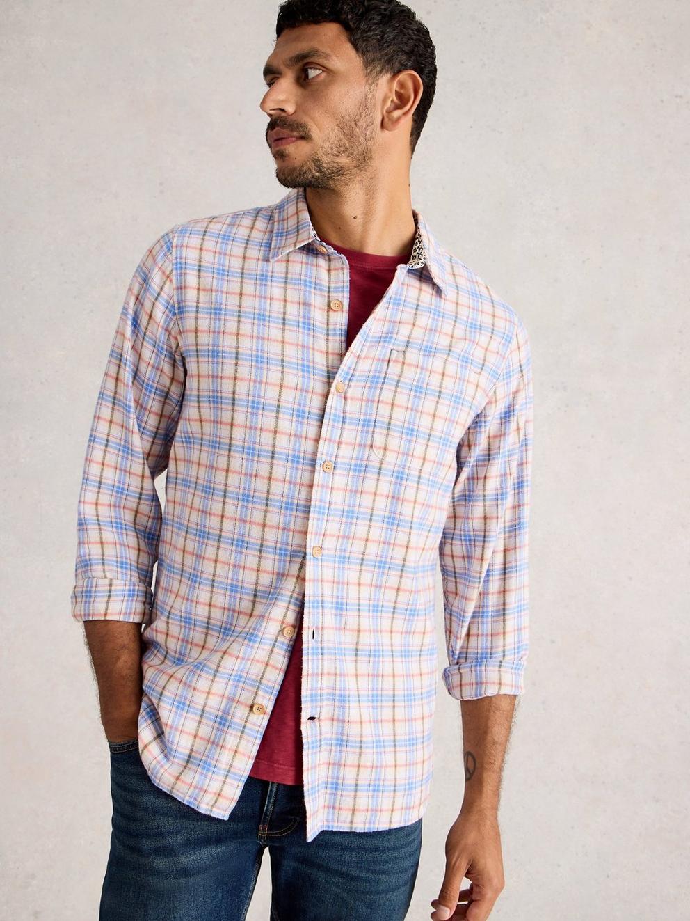 Oakham Multi Check Shirt in NAT MLT - MODEL DETAIL