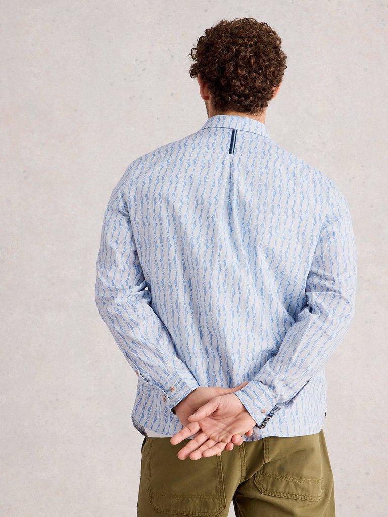 Salcombe Fish Stripe Shirt in BLUE PR - MODEL BACK