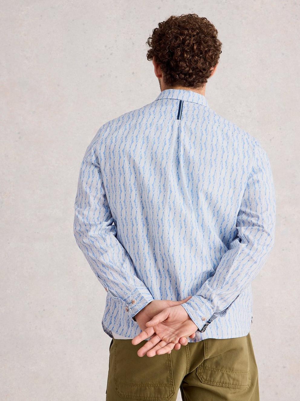 Salcombe Fish Stripe Shirt in BLUE PR - MODEL BACK