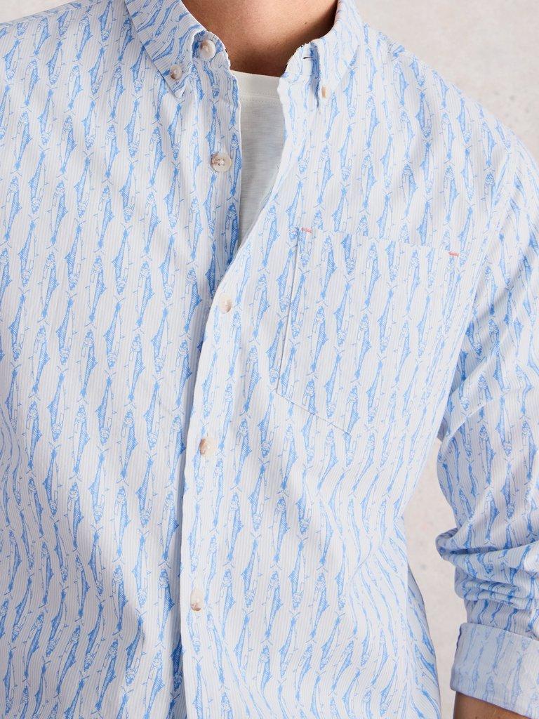 Salcombe Fish Stripe Shirt in BLUE PR - MODEL DETAIL
