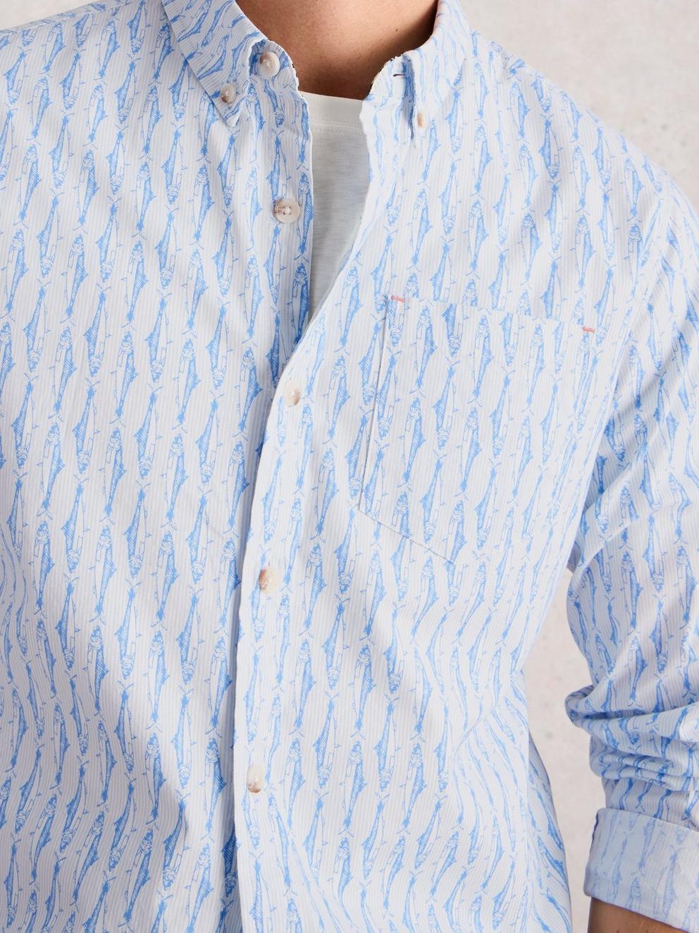 Salcombe Fish Stripe Shirt in BLUE PR - MODEL DETAIL