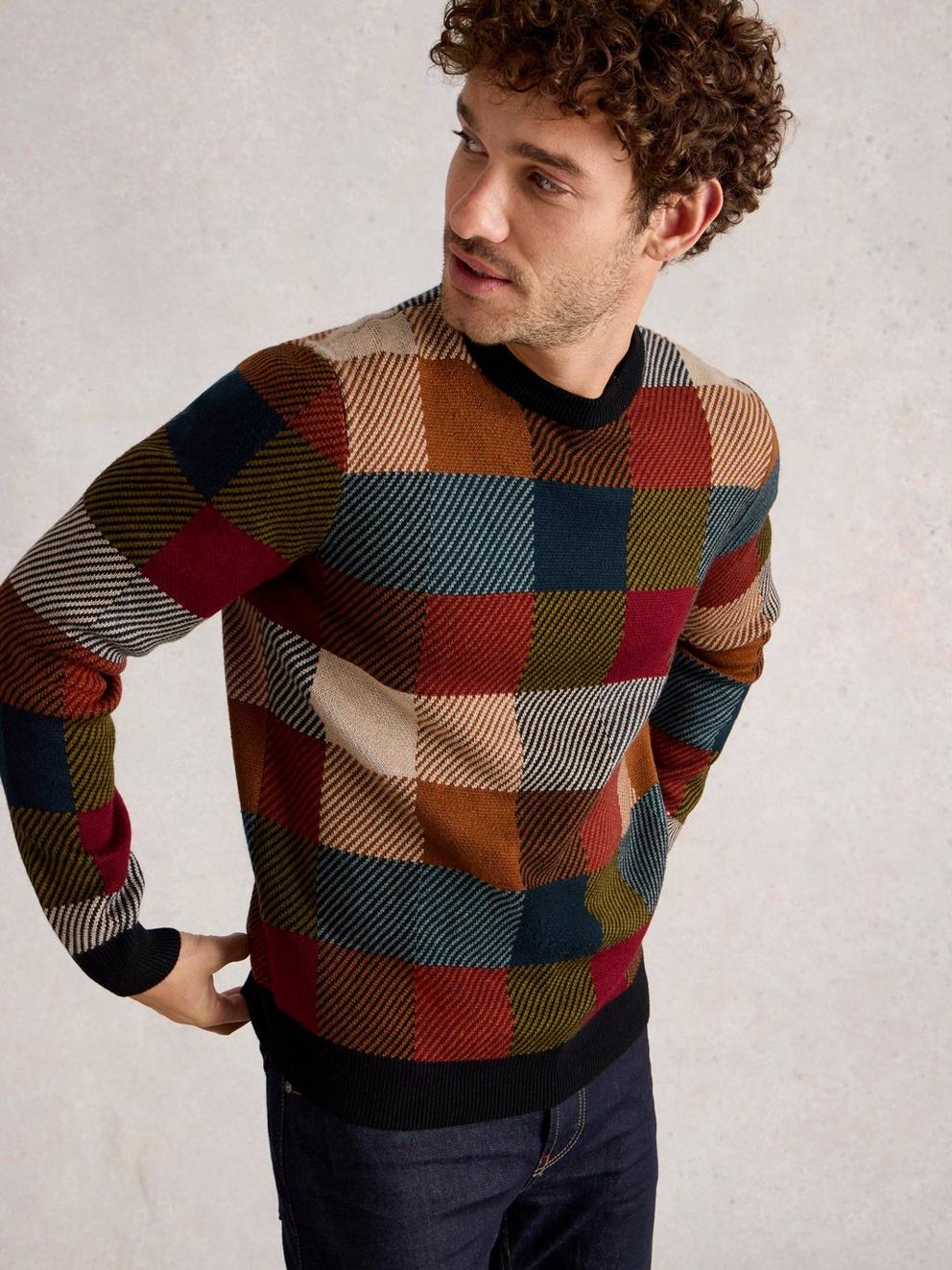 Checkerboard Crew Neck in RED MLT - LIFESTYLE