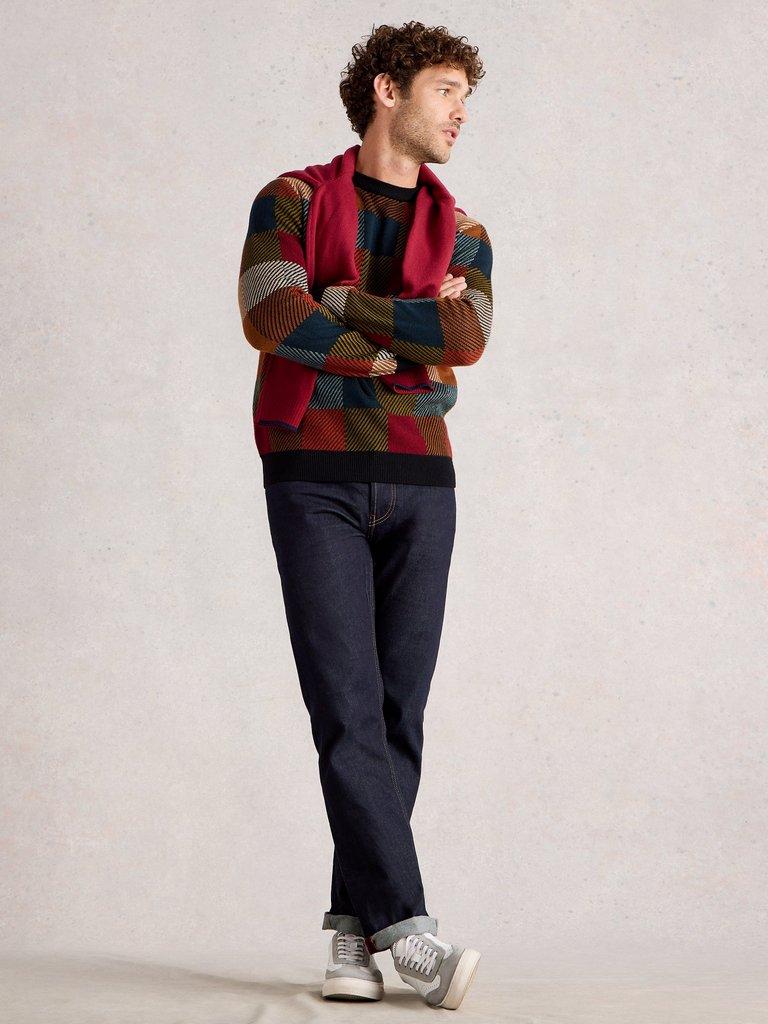 Checkerboard Crew Neck in RED MLT - MODEL FRONT