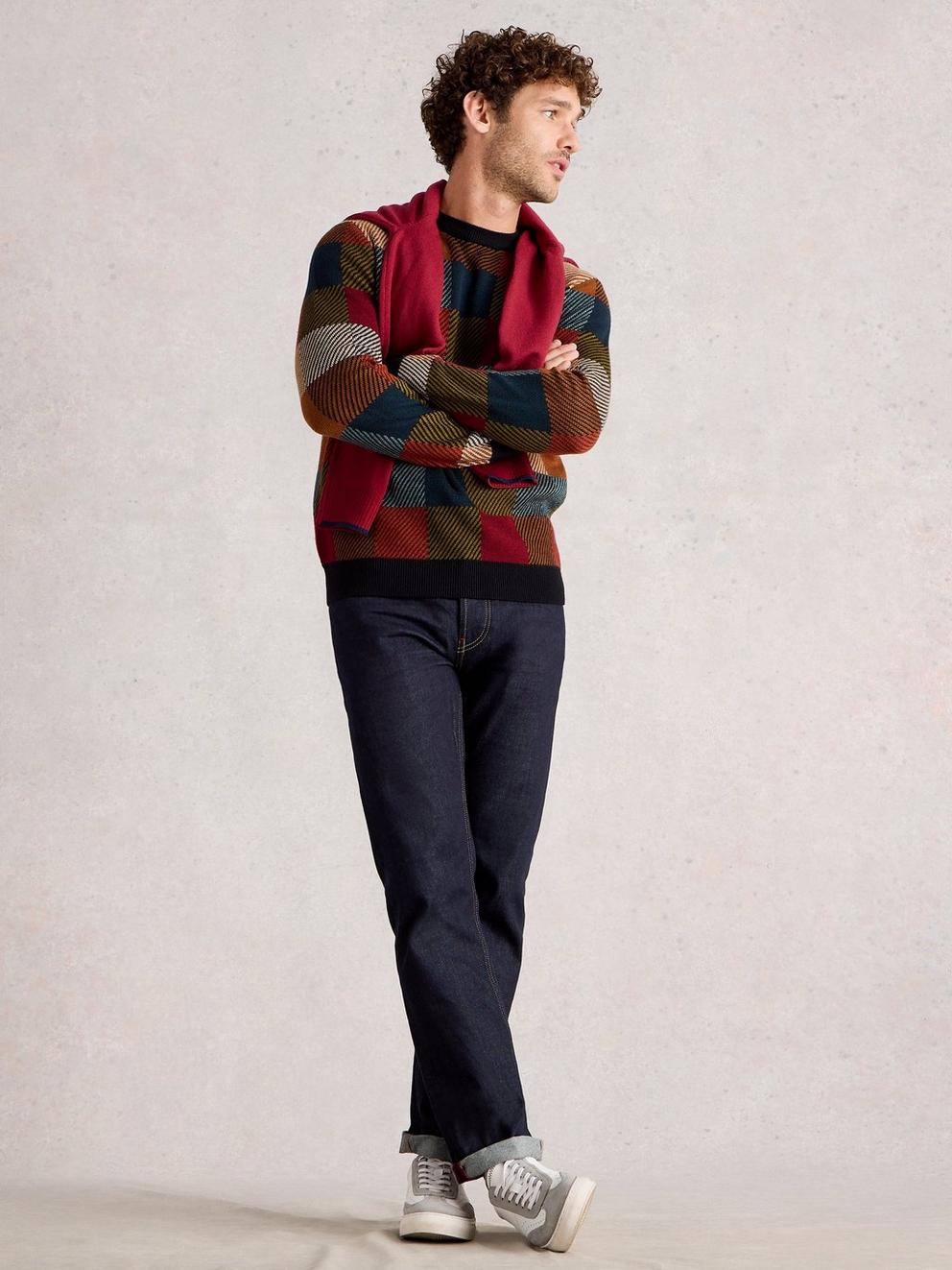 Checkerboard Crew Neck in RED MLT - MODEL FRONT