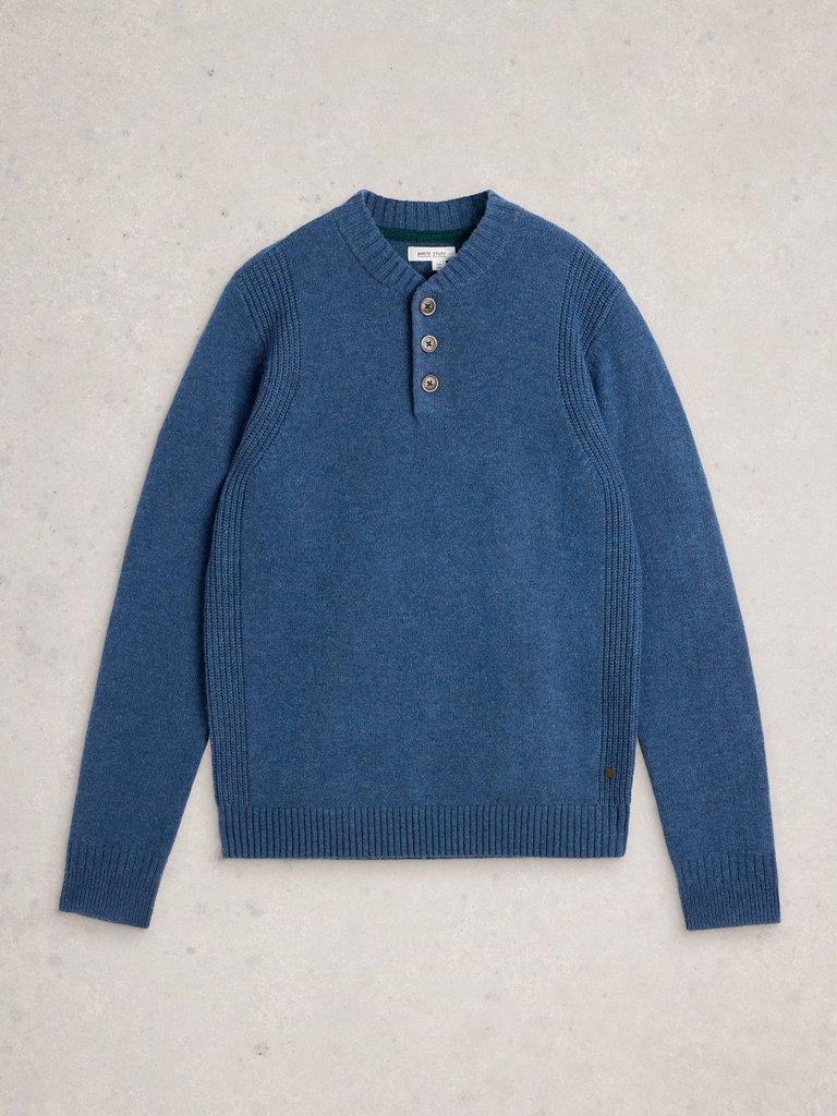 Milton Lambswool Henley in MID BLUE - FLAT FRONT