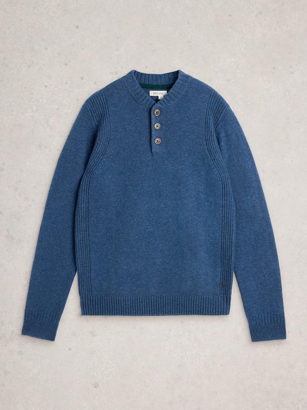 Milton Lambswool Henley in MID BLUE - FLAT FRONT