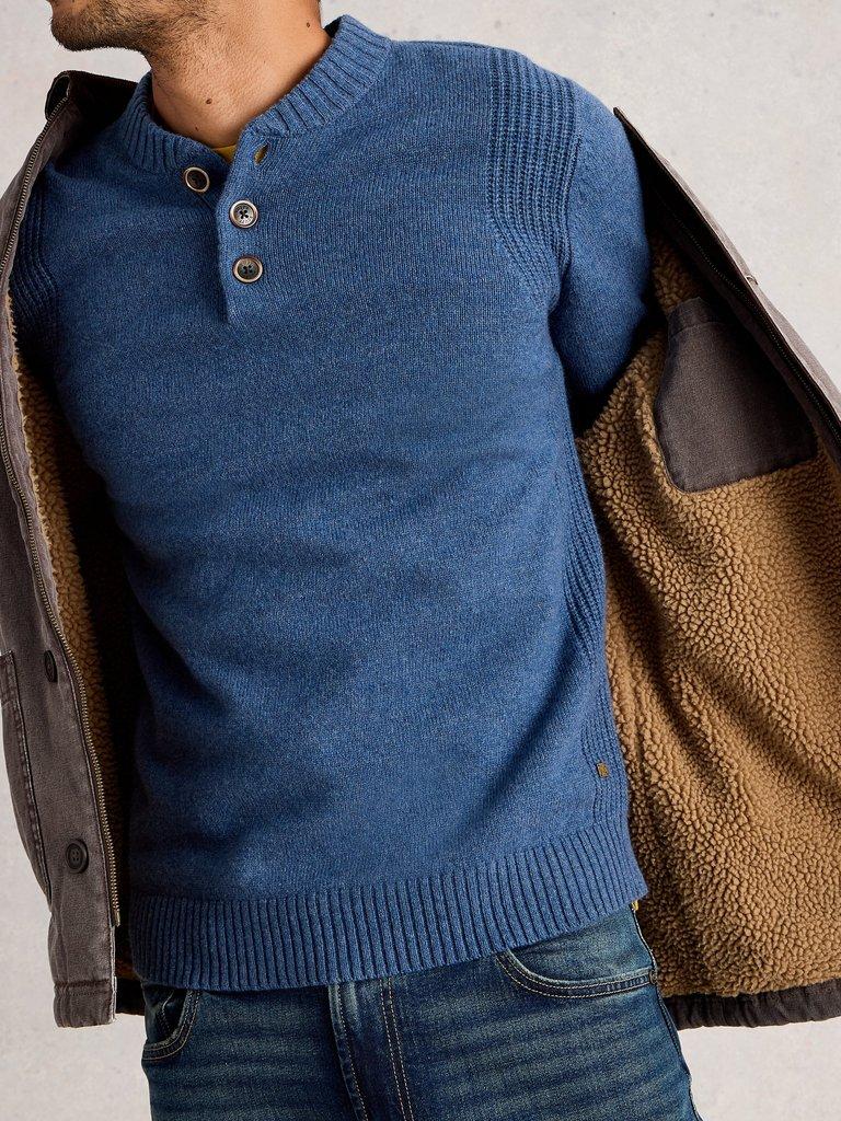 Milton Lambswool Henley in MID BLUE - LIFESTYLE