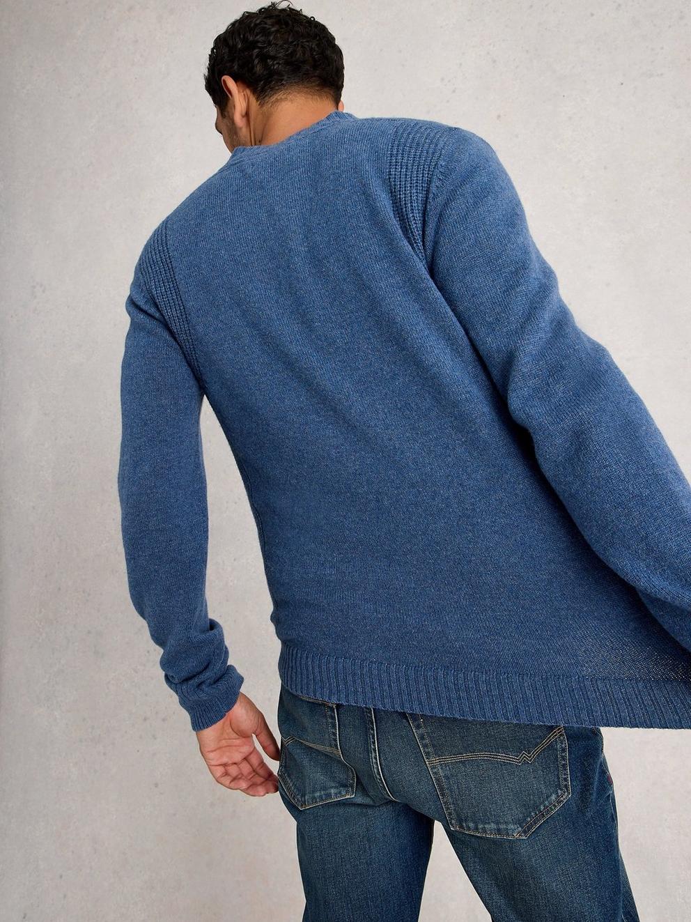 Milton Lambswool Henley in MID BLUE - MODEL BACK