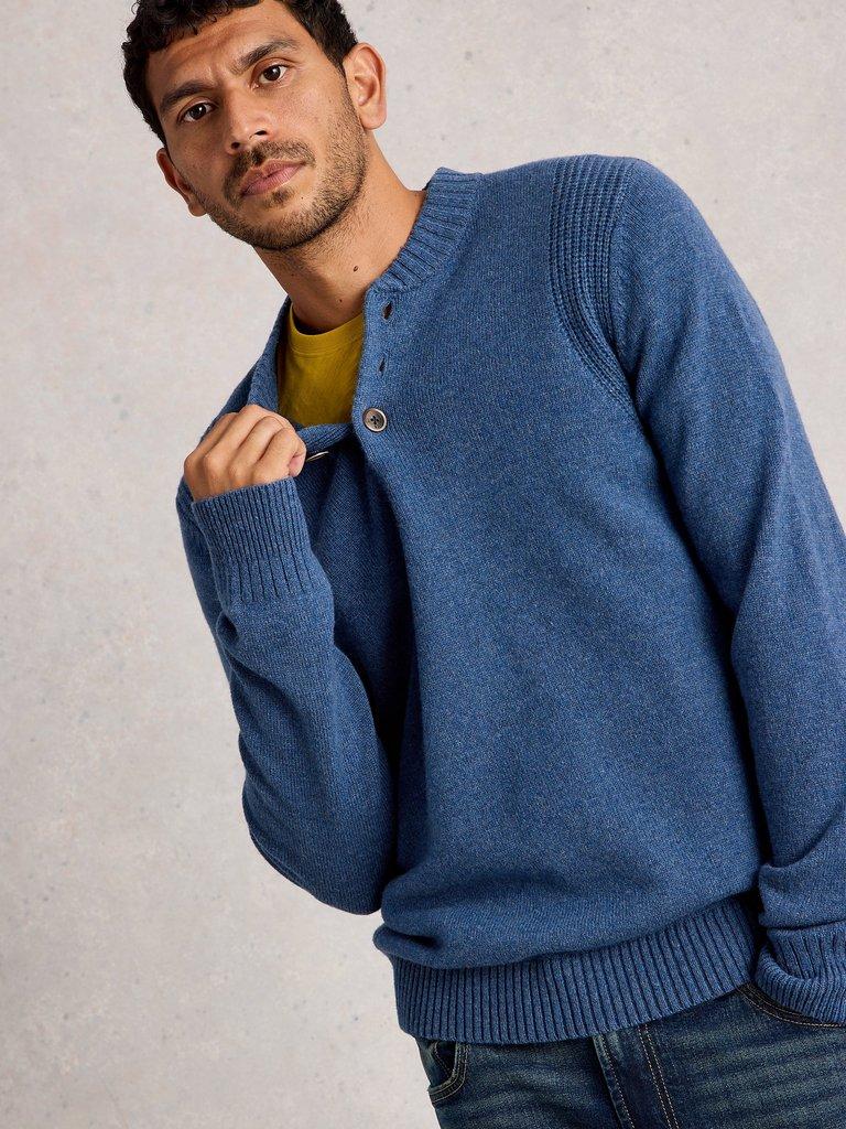 Milton Lambswool Henley in MID BLUE - MODEL DETAIL