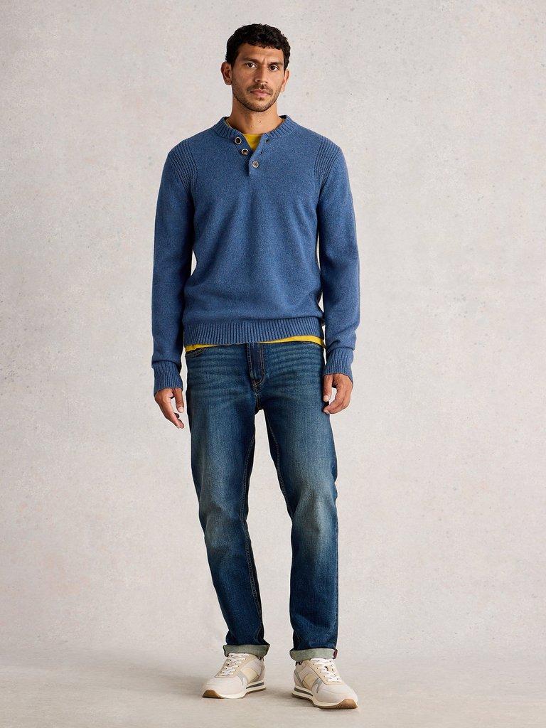 Milton Lambswool Henley in MID BLUE - MODEL FRONT