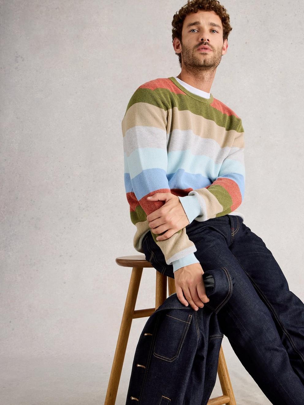 Attadale Stripe Crew Neck in BLUE MLT - MODEL DETAIL