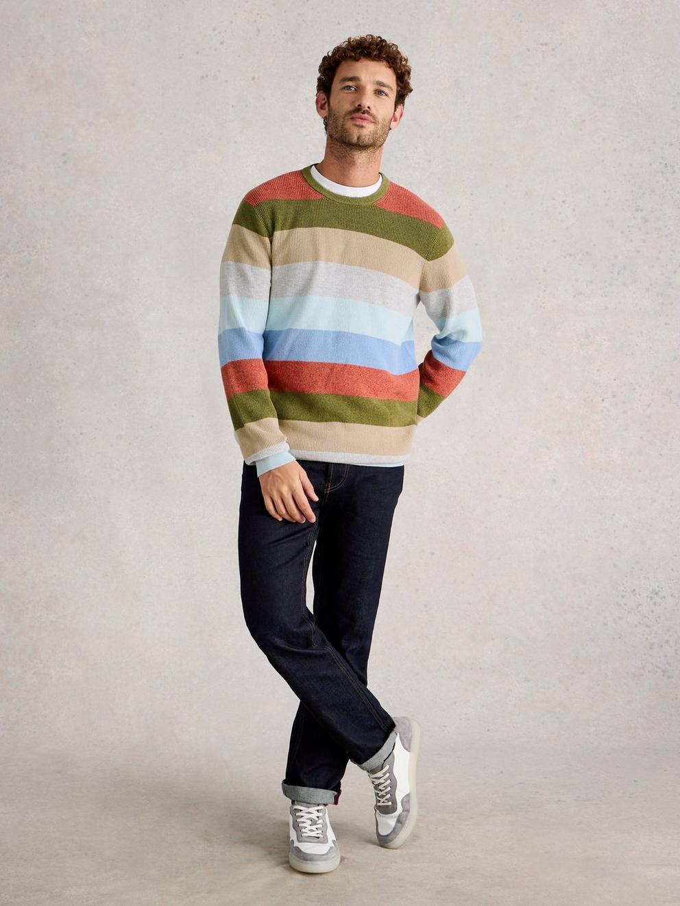 Attadale Stripe Crew Neck in BLUE MLT - MODEL FRONT