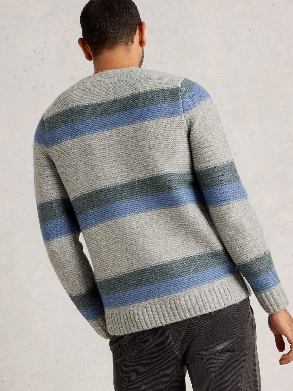 Breton Stripe Crew Neck in GREY MLT - MODEL BACK
