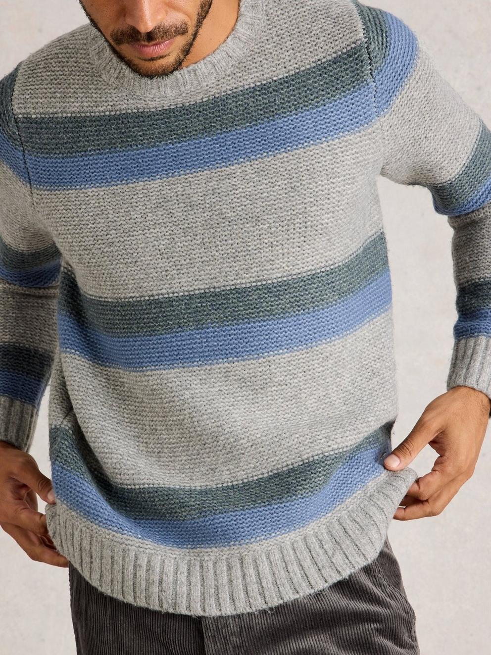 Breton Stripe Crew Neck in GREY MLT - MODEL DETAIL